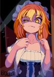  2girls alice_margatroid artist_name blonde_hair blue_eyes braid brodall_pixel corset door glowing glowing_eyes grin hair_between_eyes hairband hat highres kirisame_marisa lolita_hairband long_hair looking_at_another looking_at_mirror looking_at_viewer mirror multiple_girls open_door scar scar_on_neck shirt short_sleeves smile touhou white_shirt witch_hat yellow_eyes 