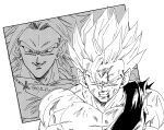  2boys blood blood_on_face broly_(dragon_ball_z) clenched_teeth dragon_ball dragon_ball_z fenyon halftone highres male_focus medium_hair monochrome multiple_boys muscular muscular_male shirt simple_background son_gohan spiked_hair super_saiyan super_saiyan_2 teeth torn_clothes torn_shirt twitter_username upper_body white_background 