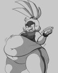 2021 absurd_res accessory afrosoricid alternate_version_at_source anthro belly big_belly biped bodily_fluids bracelet breasts chili_dog chubby_cheeks clothed clothing crop_top deep_navel digital_drawing_(artwork) digital_media_(artwork) ear_piercing female food grey_background greyscale hair hair_accessory hair_tie hand_on_belly hand_on_own_belly hi_res holding_food holding_hot_dog holding_object hot_dog huge_belly idw_publishing jewelry kennmatsuru looking_at_own_belly mammal monochrome narrowed_eyes navel obese obese_anthro obese_female open_mouth open_smile overweight overweight_anthro overweight_female piercing portrait saliva saliva_on_tongue scut_tail sega sharp_teeth shirt short_tail simple_background sketch small_breasts smile solo sonic_the_hedgehog_(comics) sonic_the_hedgehog_(idw) sonic_the_hedgehog_(series) standing stuffing surge_the_tenrec tail teeth tenrec thick_thighs three-quarter_portrait three-quarter_view tied_hair tongue tongue_out topwear