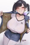  1girl absurdres black_choker black_hair blue_jacket blue_skirt breasts choker collarbone commentary_request covered_nipples e.c.ho goddess_of_victory:_nikke highres jacket large_breasts long_hair looking_at_viewer miniskirt paid_reward_available pantyhose prostitution red_eyes shirt simple_background skirt smile solo sora_(nikke) twintails white_background white_pantyhose white_shirt 