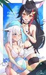  2girls absurdres animal_ear_fluff animal_ears ball bare_arms bare_shoulders beachball bikini bikini_under_shorts black_hair blue_eyes blue_sky blush braid character_name collarbone feet_out_of_frame fox_ears fox_girl frilled_thigh_strap hair_between_eyes highres holding holding_ball holding_beachball hololive kyoka_citrus long_hair looking_at_another multicolored_hair multiple_girls one_eye_closed ookami_mio ookami_mio_(hololive_summer_2019) open_mouth orange_eyes red_hair shirakami_fubuki short_shorts shorts side-tie_bikini_bottom side_braid sky smile stomach swimsuit teeth thigh_strap towel very_long_hair wet white_bikini white_hair white_shorts wolf_ears wolf_girl 