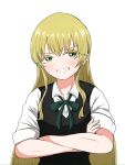  1girl aged_up black_vest blonde_hair collared_shirt colored_eyelashes crossed_arms dei_matsuri green_eyes green_ribbon grin hair_between_eyes highres kimi_no_koto_ga_dai_dai_dai_dai_daisuki_na_100-nin_no_kanojo kusanochika light_blush long_hair looking_at_viewer neck_ribbon ohananomitsu_high_school_uniform open_mouth ribbon school_uniform shirt sidelocks simple_background sleeves_rolled_up smile solo upper_body v-shaped_eyebrows very_long_hair vest white_background white_shirt 