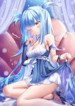  1girl absurdres ankle_strap apron artist_name azur_lane bare_shoulders blue_apron blue_dress blue_gloves blue_hair blue_shoes breasts bridal_gauntlets cleavage commentary_request dress earrings elbow_gloves foot_out_of_frame gloves halter_dress halterneck high_heels highres jewelry long_hair looking_at_viewer makihige neptune_(azur_lane) neptune_(nereid&#039;s_invitation)_(azur_lane) official_alternate_costume one_eye_closed shell shell_earrings shoes single_bridal_gauntlet skirt_hold solo taut_clothes taut_dress two-tone_dress very_long_hair yellow_eyes 