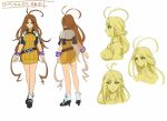  1girl antenna_hair azure_striker_gunvolt azure_striker_gunvolt_2 breasts brown_hair concept_art cropped_jacket dress full_body green_eyes jacket large_breasts long_hair multiple_views nike_(gunvolt) official_art open_clothes open_jacket reference_sheet simple_background white_background white_jacket yellow_dress 