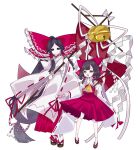  2girls aged_down ascot bell black_hair bow commentary foul_detective_satori frilled_bow frills full_body gensokyo&#039;s_first_hakurei_miko gohei hair_bow hair_tubes hakurei_reimu highres holding holding_gohei japanese_clothes jingle_bell kanae_mituki long_hair looking_at_viewer low-tied_long_hair miko multiple_girls nontraditional_miko open_mouth red_shirt red_skirt ribbon-trimmed_sleeves ribbon_trim sandals shirt simple_background skirt socks tabi touhou white_socks wide_sleeves yellow_ascot 