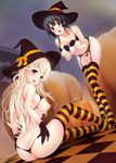  :d ass ass_grab atago_(kantai_collection) bikini black_bikini black_gloves black_hair blonde_hair blush breasts butt_crack checkered checkered_floor colored_stripes garter_belt gloves grabbing_own_ass green_eyes halloween hat hat_ribbon highres kantai_collection large_breasts long_hair looking_at_viewer micro_bikini multiple_girls navel nipples nironiro open_mouth orange_legwear pumpkin red_eyes ribbon short_hair sitting smile standing striped striped_legwear swimsuit takao_(kantai_collection) thighhighs thong thong_bikini witch_hat 