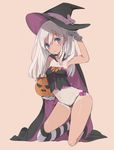  :3 agu black_panties blue_eyes brown_background cape gloves halloween hat highres jack-o'-lantern kantai_collection kneeling lingerie long_hair navel one-piece_tan panties ro-500_(kantai_collection) simple_background single_thighhigh smile solo striped striped_legwear tan tanline thighhighs underwear white_hair witch_hat 