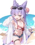  1girl :3 ahoge arm_up armpits bare_shoulders bikini black_choker blue_eyes blue_shorts breasts choker cone_hair_bun cutoffs denim denim_shorts exposed_pocket eyewear_on_head fang front-tie_bikini_top front-tie_top hair_bun hair_rings halterneck hashtag-only_commentary heterochromia highres holding holding_hose hose ika_(4801055) jewelry long_hair long_sleeves looking_at_viewer micro_shorts navel necklace off_shoulder open_clothes open_fly open_mouth open_shirt purple_hair red_bikini shirt short_shorts shorts skindentation small_breasts smile solo stellive stomach string_bikini striped_bikini striped_clothes sunglasses swimsuit tenko_shibuki thigh_strap v-shaped_eyebrows very_long_hair virtual_youtuber white_shirt yellow_eyes 