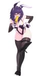  1girl absurdres alternate_costume animal_ear_hairband animal_ears aqua_eyes asymmetrical_legwear black_gloves black_leotard black_thighhighs boots breasts cleavage clothing_cutout commentary commission elbow_gloves english_commentary fake_animal_ears full_body girls&#039;_frontline girls&#039;_frontline_2:_exilium gloves gold_bar hairband highres holding ksenia_(girls&#039;_frontline_2) leotard lipstick_mark long_hair looking_at_viewer navel navel_cutout playboy_bunny purple_hair shinyozura simple_background solo stechkin_(girls&#039;_frontline) thigh_boots thighhighs two-tone_gloves white_background white_gloves white_wrist_cuffs wrist_cuffs 