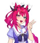  1girl :d animal_ears black_bow blue_eyes bow commentary dasdokter double-parted_bangs double_halo english_commentary fangs hair_between_eyes hair_bow halo hand_up heterochromia hololive hololive_english horns horse_ears horse_girl irys_(hololive) long_hair looking_at_viewer open_mouth pink_eyes pointy_ears ponytail puffy_short_sleeves puffy_sleeves purple_hair purple_serafuku purple_shirt sailor_collar school_uniform serafuku shirt short_sleeves sidelocks simple_background smile solo star-shaped_pupils star_(symbol) star_halo symbol-shaped_pupils tracen_school_uniform umamusume v virtual_youtuber white_background white_sailor_collar 