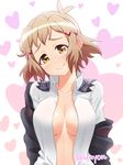  blush breasts cleavage head_tilt heart heart_background large_breasts open_clothes open_shirt scar senki_zesshou_symphogear shirt short_hair solo tachibana_hibiki_(symphogear) twitter_username unyon yellow_eyes 