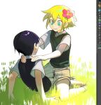  2boys antenna_hair art_program_in_frame basil_(faraway)_(omori) basil_(omori) black_hair black_sweater_vest blonde_hair blue_eyes brown_shorts collared_shirt flower grass green_sweater_vest hair_flower hair_ornament hands_on_another&#039;s_shoulders looking_at_another male_focus multiple_boys naomifiction omori parted_lips shirt short_hair short_sleeves shorts socks sunny_(omori) sweatdrop sweater_vest unfinished white_shirt yaoi 