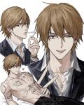  1boy black_jacket black_pants brown_eyes brown_hair character_request cigarette collarbone copyright_request hair_between_eyes half-closed_eyes heart highres holding holding_cigarette jacket looking_at_viewer male_focus multiple_views one_eye_closed open_mouth pants parted_lips pectorals shirt short_hair simple_background smile smoking solo sso_s tattoo teeth topless_male upper_teeth_only white_background white_shirt 