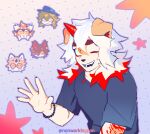  1girl 4boys aak_(arknights) animal_ears arknights artist_name artist_self-insert bead_bracelet beads black_shirt bracelet cat_boy cat_ears cat_tail chibi chibi_inset claws colored_tips dragon_boy dragon_ears english_commentary fangs furry furry_female furry_male head_only horns hung_(arknights) jewelry komainu_boy komainu_ears lee_(arknights) multicolored_hair multiple_boys one_eye_closed open_mouth original round_eyewear sabifoil shirt single_horn smile tail tiger_ears tiger_girl tiger_stripes waai_fu_(arknights) 