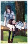  2girls absurdres arm_support bang_dream! bang_dream!_it&#039;s_mygo!!!!! bench black_hair black_socks blue_neckerchief blue_shirt breasts brown_hair brown_shoes closed_eyes commentary grass green_eyes hanasakigawa_school_uniform highres joker_(jjjokerrr233) kneehighs lap_pillow loafers long_hair looking_at_another medium_hair mole mole_under_eye multiple_girls neckerchief outdoors parted_lips pleated_skirt reaching reaching_towards_another school_uniform serafuku shiina_taki shirt shoes short_sleeves skirt sleeping socks tree white_skirt yahata_umiri yuri 