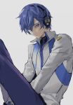  0qktb 1boy black_shirt blue_hair blue_pants blue_trim closed_mouth coat collared_coat hair_between_eyes headphones highres kaito_(vocaloid) kaito_(vocaloid3) long_sleeves looking_to_the_side male_focus pants parted_bangs popped_collar shirt short_hair sideways_glance simple_background sitting solo vocaloid white_background white_coat 