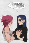  2girls absurdres back_tattoo black_shirt black_skirt blue_hair caitlyn_(league_of_legends) eyepatch grabbing_another&#039;s_breast groping guided_breast_grab guiding_hand highres multiple_girls omy-chan shirt skirt tattoo vi_(league_of_legends) yuri 