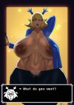 2025 2_horns absurd_res anthro antlers areola artist_name averag3artist big_breasts blazer blonde_hair blue_eyes blue_horn blue_lipstick blue_nose bodily_fluids bottomwear breasts brown_areola brown_nipples carol_holiday clothed clothing deer deltarune dialogue english_text eyebrows eyelashes female frown hair half-closed_eyes hi_res horn huge_breasts lipstick looking_at_viewer makeup mammal mature_female narrowed_eyes navel nipples open_bottomwear open_clothing open_pants pants pubes short_hair solo sweat sweaty_breasts text text_box twitter_handle undertale_(series) vein veiny_breasts