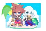  2boys aqua_eyes belt black_belt black_gloves black_jacket blue_belt blue_eyes blue_shoes blue_sky brown_hair bush chibi chibi_only commentary day elbow_gloves fingerless_gloves flower food fruit full_body gloves grass grey_hair grin happy highres holding holding_weapon jacket jumpsuit keyblade kingdom_hearts kingdom_hearts_i looking_at_viewer male_focus medium_hair multiple_boys open_clothes open_jacket outdoors palm_tree pants paopu_fruit purple_pants red_jumpsuit riku_(kingdom_hearts) shoes short_hair short_sleeves sky smile sora_(kingdom_hearts) sparkle spiked_hair squidkid528 star_(symbol) symbol-only_commentary tree vest weapon white_gloves yellow_flower yellow_shoes yellow_vest 