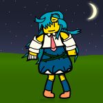  1girl ado_(utaite) arm_warmers bandaged_hand bandages bandaid bandaid_on_hand blue_hair casual highres ibara-chan_(ado) ibara_(ado) long_hair night night_sky noob_(roblox) plant roblox sky vines 