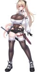  1girl absurdres belt black_belt black_gloves black_leotard blonde_hair boots breasts cleavage_cutout clothing_cutout covered_navel detached_sleeves gloves hair_between_eyes highleg highleg_leotard highres huge_breasts kubiwa_(kutan) kutan leotard leotard_under_clothes long_hair looking_at_viewer micro_shorts original ponytail red_eyes ribbed_sweater shorts solo sweater sword thigh_boots thighhighs thighhighs_under_boots weapon white_background white_thighhighs 
