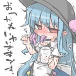  blue_hair blush eating food fruit hat hinanawi_tenshi kureha_mitsushige long_hair peach red_eyes slime solo sweat touhou 