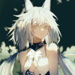  1girl animal_ears anpoai arknights bare_shoulders black_background bright_pupils chinese_commentary chromatic_aberration colored_eyelashes commentary_request flower green_eyes grey_hair hair_between_eyes highres holding holding_flower long_hair parted_lips rosmontis_(arknights) solo spaghetti_strap upper_body white_flower white_pupils 