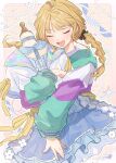  1girl blonde_hair blue_skirt blush braid closed_eyes commentary fang frilled_skirt frills fujita_kotone gakuen_idolmaster hair_ribbon highres hugging_object idolmaster jacket long_sleeves mannequin nami_(wa98449) open_mouth ribbon sekaiichi_kawaii_watashi_(idolmaster) skin_fang skirt smile solo symbol-only_commentary twin_braids 