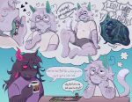 ambiguous_gender antennae_(anatomy) anthro arm_hair arthropod beverage black_body black_fur blue_eyes blue_hair blue_horn blush bodily_fluids body_hair bottomwear bulge cj_(spicyfryd) clothed clothed_anthro clothing coffee coffee_mug dialogue does_he_know_(meme) duo duo_focus english_text extreme_size_difference eyewear fantasizing fantasy felid feline forced fryd_(spicyfryd) fully_clothed fully_clothed_anthro fur genitals glasses gordon_ramsay green_inner_ear green_insides green_internal green_tongue grey_body grey_fur group hair half-erect heart_symbol heterochromatic_horns heterochromia hi_res horn hybrid insect internal leo_(gigejem366) licking macro male male/ambiguous mammal micro multicolored_body neck_bulge organs penis profanity purple_clothing purple_shirt purple_topwear puzzle puzzle_piece red_eyes red_horn saliva scared scared_expression scared_face shirt shorts sitting size_difference slightly_chubby speech_bubble spicyfryd stomach swallowing t-shirt text three-quarter_view tongue topwear trio unwilling_prey vore wearing_glasses white_clothing white_shirt white_topwear yelling