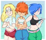  3girls belt black_tank_top blonde_hair blue_eyes blue_hair cartoon_network covered_eyes denim ed_edd_n_eddy froggywithfries highres jeans lee_kanker marie_kanker may_kanker multiple_girls orange_hair pants polka_dot polka_dot_shirt shirt simple_background tank_top toon_(style) 