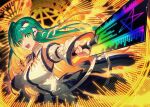  1girl absurdres armpits bare_shoulders blue_skirt breasts collared_shirt detached_sleeves frog_hair_ornament gohei gold_necklace green_eyes green_hair hair_ornament hair_tubes highres holding holding_gohei jewelry kochiya_sanae large_breasts long_hair long_sleeves looking_at_viewer necklace open_mouth outstretched_arm reaching reaching_towards_viewer shirt single_hair_tube single_sidelock skirt skirt_set sleeve_ribbon sleeveless sleeveless_shirt snake_hair_ornament solo star_(symbol) teeth touhou undefined_fantastic_object upper_body wide_sleeves zounose 
