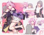  !? 2girls ? black_coat black_gloves black_skirt blue_eyes chibi coat cyrene_(honkai:_star_rail) gloves grey_hair hair_ornament heart highres honkai:_star_rail honkai_(series) hug long_sleeves looking_at_another medium_hair mem_(honkai:_star_rail) multiple_girls multiple_views open_clothes open_coat open_mouth pink_eyes sandals shirt simple_background skirt sleeves_rolled_up smile spoken_question_mark stelle_(honkai:_star_rail) thigh_strap trailblazer_(honkai:_star_rail) white_shirt yajuu yellow_eyes 