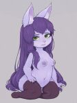 animal_nose areola black_claws breasts brown_clothing brown_legwear brown_thigh_highs claws clothing eyelashes female front_view fur green_eyes grey_background hair hi_res humanoid inner_ear_fluff inverted_nipples league_of_legends legwear long_hair looking_at_viewer lulu_(lol) navel nipples nude pink_nose plinkgrn purple_areola purple_body purple_fur purple_hair purple_nipples riot_games short_stack simple_background small_breasts solo tencent thick_thighs thigh_highs thigh_highs_only tuft wide_hips yordle