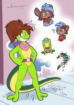 amphibian anthro bell bell_collar belt belt_buckle blue_eyes brown_body brown_fur buckle buckteeth character_transformation clothing collar ear_piercing ear_ring fur gender_transformation hi_res jewelry mammal markings mona_lisa_(tmnt) mouse mtf_transformation murid murine nonbinary_(lore) piercing red_collar ring_piercing rodent salamander tail tail_wraps teeth torn_clothing transformation trevor-fox trevor-fox_(character) whisker_markings wraps