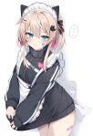  ... 1girl animal_ears apron bandaid bandaid_on_cheek bandaid_on_face bandaid_on_thigh black_jacket blue_eyes blush brown_hair closed_mouth commentary_request frilled_apron frills hair_between_eyes hair_ornament hairclip heart highres jacket jersey_maid long_sleeves looking_at_viewer maid maid_headdress multicolored_hair nibiiro_shizuka one_side_up original pink_hair puffy_long_sleeves puffy_sleeves simple_background sleeves_past_wrists solo spoken_ellipsis track_jacket two-tone_hair unconventional_maid white_apron white_background 