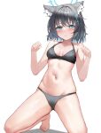  1girl absurdres alternate_costume animal_ear_fluff animal_ears bare_arms bare_legs bare_shoulders barefoot bikini blue_archive blue_eyes blush breasts closed_mouth dobostorte grey_bikini grey_hair hair_between_eyes highres kneeling long_hair looking_at_viewer navel paw_pose shiroko_(blue_archive) sidelocks solo stomach swimsuit wolf_boy wolf_ears 