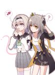  +_+ 2girls ? absurdres black_gloves black_jacket black_sailor_collar black_skirt blush bow bowtie closed_mouth collared_shirt firefly_(honkai:_star_rail) firefly_(spring_missive)_(honkai:_star_rail) gloves gradient_hair green_bow green_bowtie grey_hair grey_skirt hair_between_eyes hair_intakes hand_on_another&#039;s_arm hands_on_own_face heart highres honkai:_star_rail honkai_(series) jacket kuroi_taimu miniskirt multicolored_eyes multicolored_hair multiple_girls open_clothes open_jacket open_mouth own_hands_together plant_hair pleated_skirt sailor_collar shirt simple_background skirt smile speech_bubble stelle_(honkai:_star_rail) thigh_strap thighhighs thought_bubble trailblazer_(honkai:_star_rail) two-tone_eyes white_background white_shirt white_thighhighs yellow_eyes 