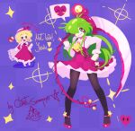  1girl 2girls artist_name ascot black_pantyhose blonde_hair blue_background bow breasts comet_summoner98 dress elly_(touhou) flower green_eyes green_hair hat heart highres holding holding_scythe kazami_yuuka kazami_yuuka_(pc-98) long_hair long_sleeves multiple_girls open_mouth pantyhose plaid_clothes plaid_vest red_dress red_eyes ribbon scythe shirt short_hair skirt smile spoken_heart talking touhou touhou_(pc-98) vest yellow_eyes 