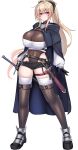  1girl absurdres belt black_belt black_gloves black_leotard blonde_hair boots breasts cleavage_cutout cloak clothing_cutout covered_navel gloves hair_between_eyes highleg highleg_leotard highres huge_breasts kubiwa_(kutan) kutan leotard leotard_under_clothes long_hair looking_at_viewer micro_shorts original ponytail red_eyes ribbed_sweater shorts solo sweater sword thigh_boots thighhighs thighhighs_under_boots weapon white_background white_thighhighs 
