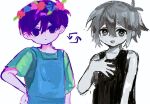  2boys alternate_eye_color alternate_hair_color antenna_hair arrow_(symbol) basil_(headspace)_(omori) basil_(omori) black_tank_top blue_overalls closed_mouth colored_skin cosplay costume_switch double-parted_bangs flower green_shirt hand_on_own_chest hand_on_own_hip head_wreath male_focus multiple_boys omori omori_(omori) open_mouth overalls purple_eyes purple_hair shirt short_hair short_sleeves simple_background sweatdrop t-shirt tank_top teeth tokkooyaku upper_teeth_only white_background white_skin 