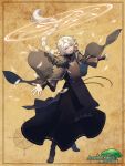  1boy :d alpaca_connect annih_epica black_boots black_cape black_robe boots braid brown_background brown_tabard cape copyright_name falling_petals floating_hair flower full_body fur-trimmed_cape fur_trim grey_eyes hair_flower hair_ornament hanon_ssk long_hair long_sleeves looking_at_viewer magic_circle male_focus orange_flower outstretched_arms petals robe single_braid sleeves_past_wrists smile solo spread_arms tabard very_long_hair white_hair 