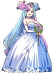  1girl absurdres bare_shoulders blue_hair blush bouquet bow bow-shaped_hair breasts bridal_gauntlets character_hair_ornament choker cleavage collarbone covered_navel double_bun dress fake_hair_bun flower full_body hair_bun hair_ornament highres holding holding_bouquet iono_(pokemon) large_breasts long_dress long_hair multicolored_hair open_mouth pendant_choker pink_eyes pink_flower pink_hair pink_rose pokemon pokemon_sv pon_tanuki_(ga7fsrge9jxblaw) rose sharp_teeth simple_background smile solo split-color_hair teeth tiara two-tone_hair upper_teeth_only wedding_dress white_background white_bow white_bridal_gauntlets white_choker white_dress 