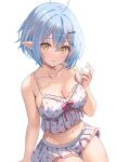  1girl ahoge bare_arms blue_hair blue_nails breasts camisole character_hair_ornament cleavage collarbone colored_tips commentary_request crossed_bangs daifuku_(yukihana_lamy) double-parted_bangs frilled_camisole frilled_skirt frills hair_between_eyes hair_ornament hairclip heart heart_ahoge highres hololive large_breasts looking_at_viewer midriff multicolored_hair nail_polish navel official_alternate_costume open_mouth polka_dot polka_dot_camisole polka_dot_skirt short_hair sitting skirt sleepwear solo strap_lift streaked_hair tooo88 virtual_youtuber white_camisole white_skirt yellow_eyes yukihana_lamy yukihana_lamy_(loungewear) 