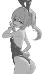  1girl absurdres animal_ears ass bare_shoulders black_survival cowboy_shot eternal_return:_black_survival fake_animal_ears fake_tail from_side greyscale highres leni_(black_survival) leotard long_hair looking_at_viewer looking_to_the_side monochrome open_mouth playboy_bunny rabbit_ears rabbit_tail simple_background smile solo tail white_background wrist_cuffs yep_(37004185) 