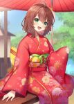  1girl ahoge brown_hair commentary_request day floral_print floral_print_kimono flower green_eyes hair_flower hair_ornament highres japanese_clothes kimono long_sleeves looking_at_viewer obi obijime open_mouth original outdoors pinching_sleeves print_kimono red_kimono red_umbrella ruhika sash sitting solo umbrella wide_sleeves yellow_sash 