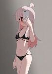  1girl ahoge arm_at_side bare_arms bare_legs bare_shoulders bikini bikini_day black_bikini blush breasts brown_eyes collarbone colored_inner_hair commentary cowboy_shot grey_background grey_hair happyundergate highres holding holding_phone light_smile long_hair looking_at_viewer multicolored_hair navel o-ring o-ring_bikini onii-chan_wa_oshimai! oyama_mahiro phone pink_hair selfie sidelocks simple_background small_breasts solo stomach swimsuit two-tone_hair 