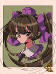 1990s_(style) 1girl absurdres artist_logo black_necktie brown_eyes brown_hair commentary_request hat highres himekaidou_hatate logo long_hair looking_at_viewer necktie purple_hat retro_artstyle solo tokin_hat touhou twintails upper_body utyouten_akako 