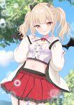  1girl absurdres ahoge black_wings blonde_hair blue_sky blunt_bangs center_frills crop_top demon_girl demon_horns demon_wings frills garter_belt garter_straps grin hiduki_kanon highres hiiragisensei horns indie_virtual_youtuber jacket midriff navel open_clothes open_jacket red_skirt skirt sky smile standing symbol-shaped_pupils tree twintails virtual_youtuber white_jacket wide_sleeves wings 