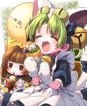 2girls animal_hat bell bench border brown_hair bubble_tea cat_hat closed_eyes crepe dejiko di_gi_charat drinking drooling eyelashes food gema green_hair happy hat jingle_bell jitome mittens mouth_drool multiple_girls neck_bell nonaka_hako open_mouth outside_border puchiko sitting white_border white_mittens 