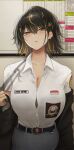  1girl absurdres artist_logo belt black_belt black_hair black_jacket blonde_hair blush breasts cleavage collarbone collared_shirt commentary ear_piercing earrings febri_aryani_(vloodozer) grey_necktie hair_between_eyes hair_over_eyes highres indonesian_flag indonesian_high_school_uniform indonesian_text jacket jewelry large_breasts logo long_sleeves looking_at_viewer multicolored_hair necktie original parted_lips piercing school_uniform sexually_suggestive shirt short_hair solo standing streaked_hair vloodozer white_shirt yellow_eyes 